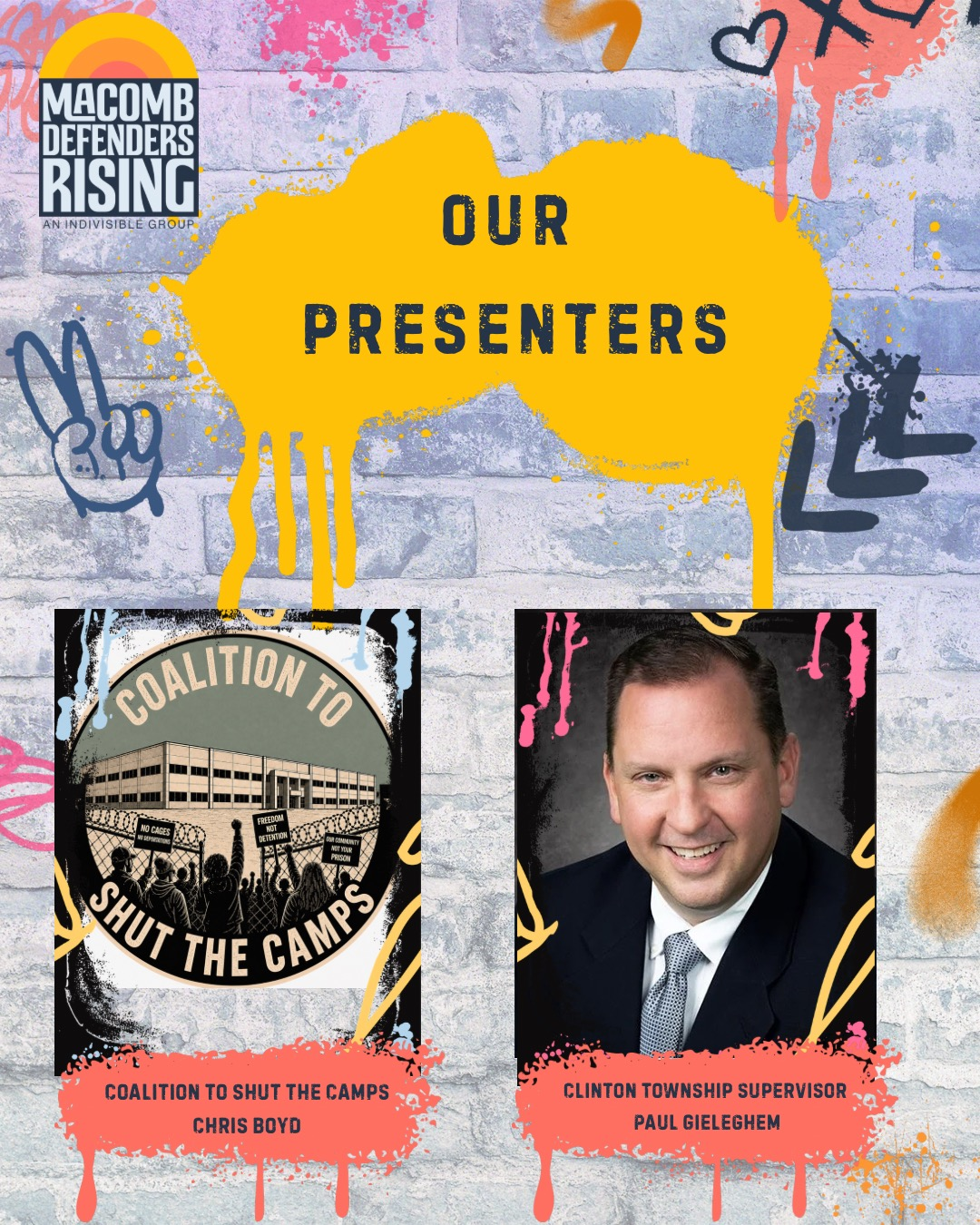 June Presenters at MDR Monthly Meeting, COALITION TO SHUT THE CAMPS CHRIS BOYD, and CLINTON TOWNSHIP SUPERVISOR PAUL GIELEGHEM